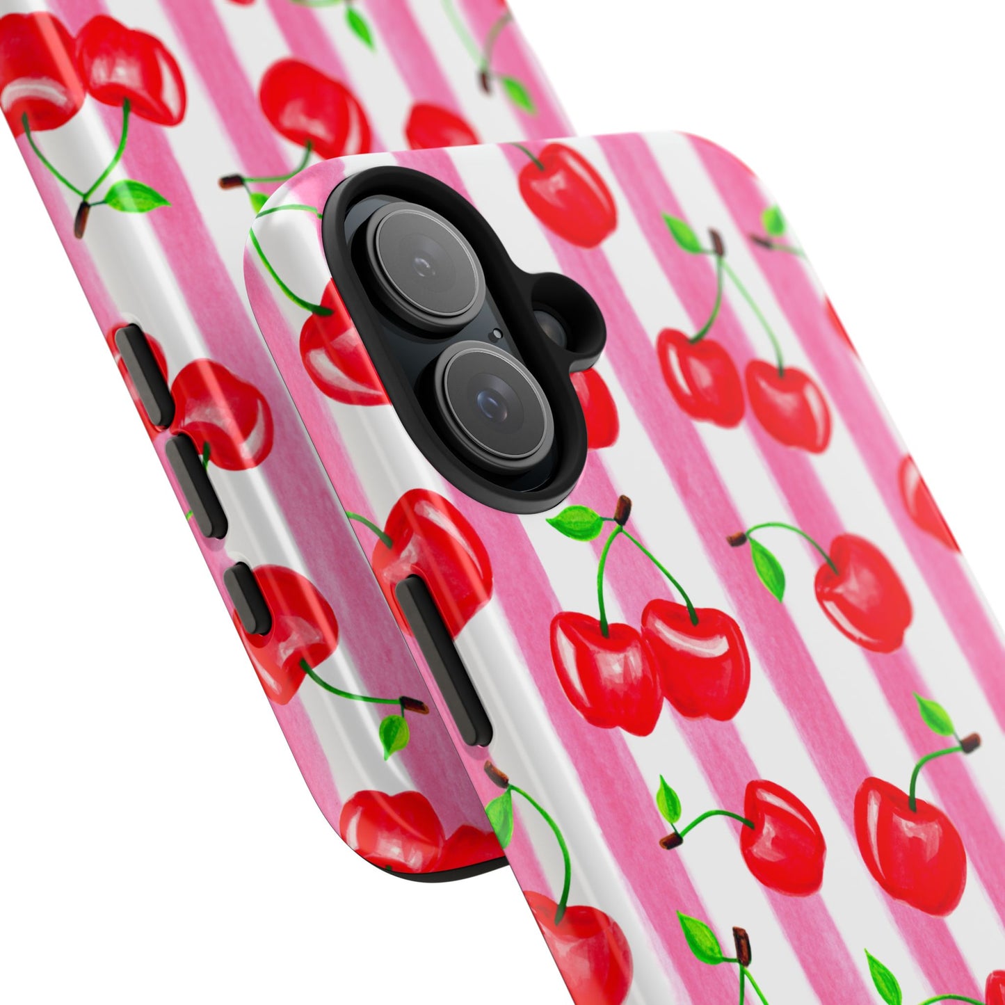 Tossed Red Watercolor Cherries Illustrated Pattern Light Pink Stripes Tough Phone Case | Various Models