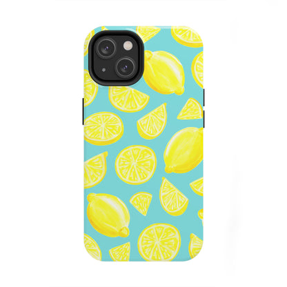 Bright Yellow Lemons Watercolor Illustrated Tossed Pattern Turquoise Blue Tough Phone Case | Various Models