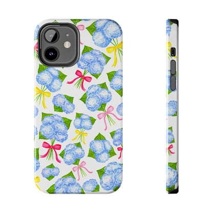 Blue Watercolor Hydrangea Bunches with Hot Pink, Yellow, Light Pink Bows Illustrated Patterned Tough Phone Case | Various Models