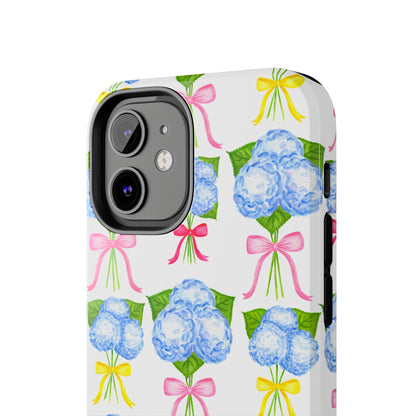 Blue Hydrangeas with Hot Pink, Yellow, Light Pink Bows Watercolor Illustrated Patterned Tough Phone Case | Various Models