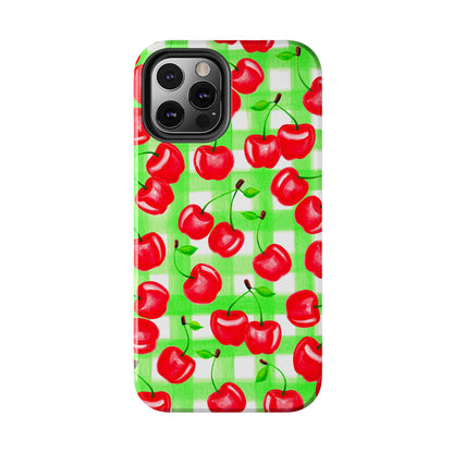 Red Tossed Cherries Green Gingham Watercolor Illustrated Tough Phone Case | Various Models Available