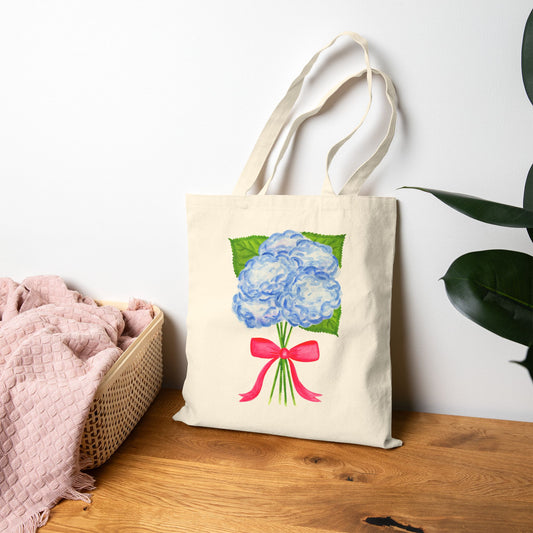 Canvas Book Tote | Blue Watercolor Hydrangeas with Hot Pink Bow Printed Farmers Market Tote | Coastal Preppy Gifts