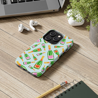 Tossed Pink and Green & Orange and Green Watercolor Illustrated Champagne Bottles Pattern Light Blue Tough Phone Case | Various Models