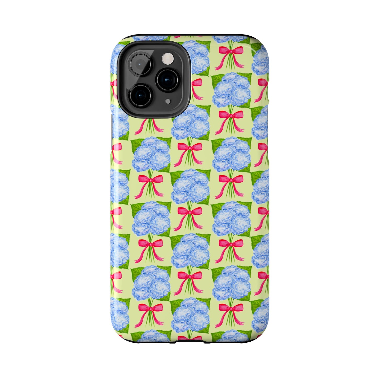 Blue Watercolor Hydrangea Bouquets with Hot Pink Bows Illustrated Patterned Yellow Preppy Grand Millenial Tough Phone Case | Various Models