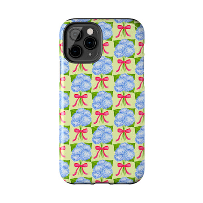 Blue Watercolor Hydrangea Bouquets with Hot Pink Bows Illustrated Patterned Yellow Preppy Grand Millenial Tough Phone Case | Various Models