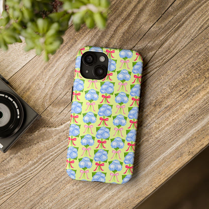 Watercolor Blue Hydrangea Bouquets with Hot Pink and Light Pink Bow Ribbons Illustrated Pattern Yellow Tough Phone Case | Various Models