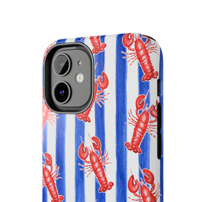 Blue & White Strip Red Lobster Watercolor Patterned Phone Case | Various Models