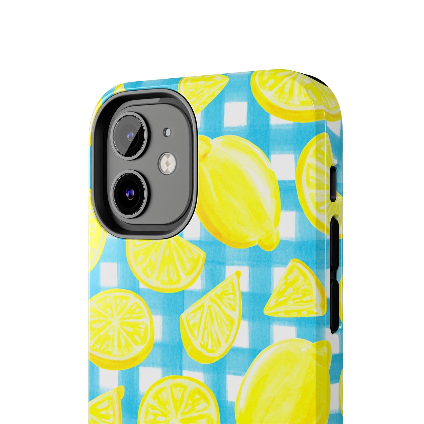 Bright Yellow Lemons Watercolor Illustrated Tossed Pattern Turquoise Gingham Tough Phone Case | Various Models