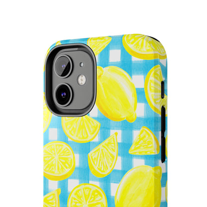 Bright Yellow Lemons Watercolor Illustrated Tossed Pattern Turquoise Gingham Tough Phone Case | Various Models