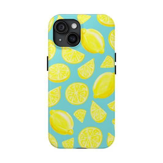 Bright Yellow Lemons Watercolor Illustrated Tossed Pattern Turquoise Blue Tough Phone Case | Various Models iPhone 15