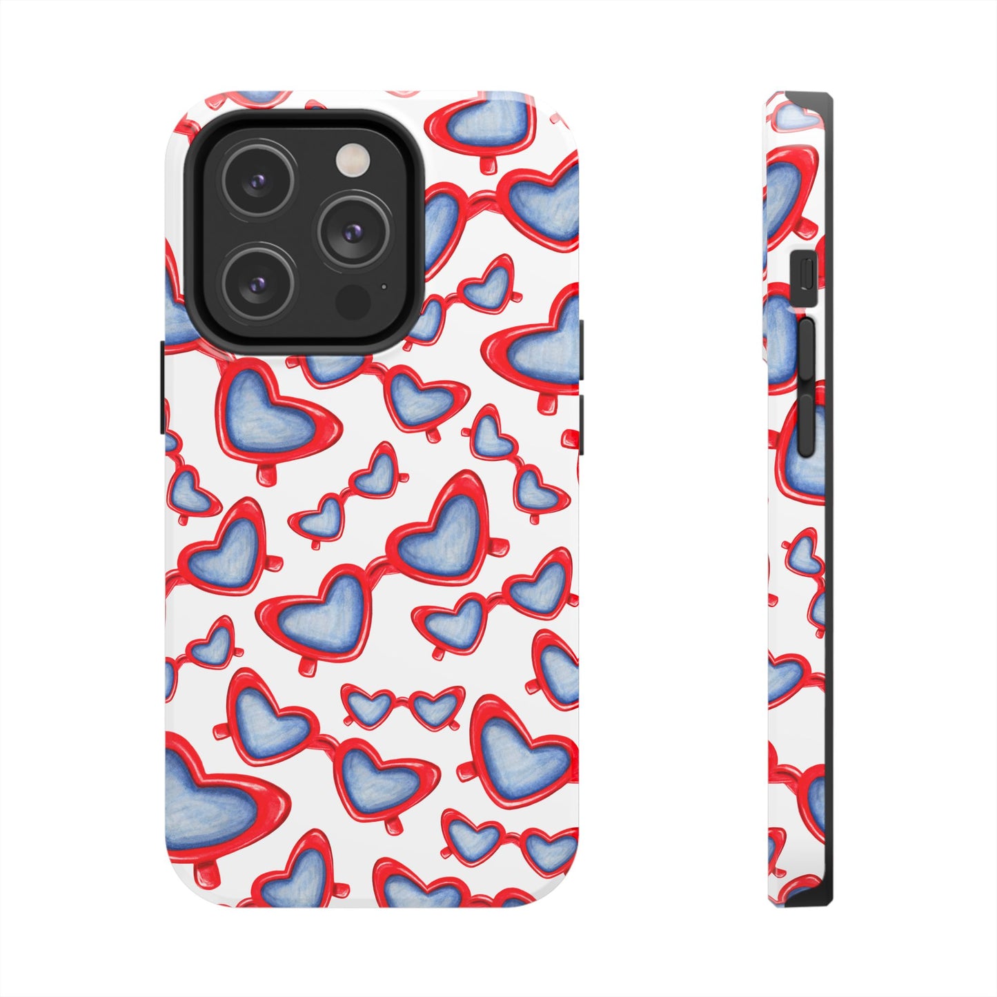 Red, White, & Blue Heart Shaped Watercolor Sunglasses Tossed Pattern Tough Phone Cases iPhone 14 Pro