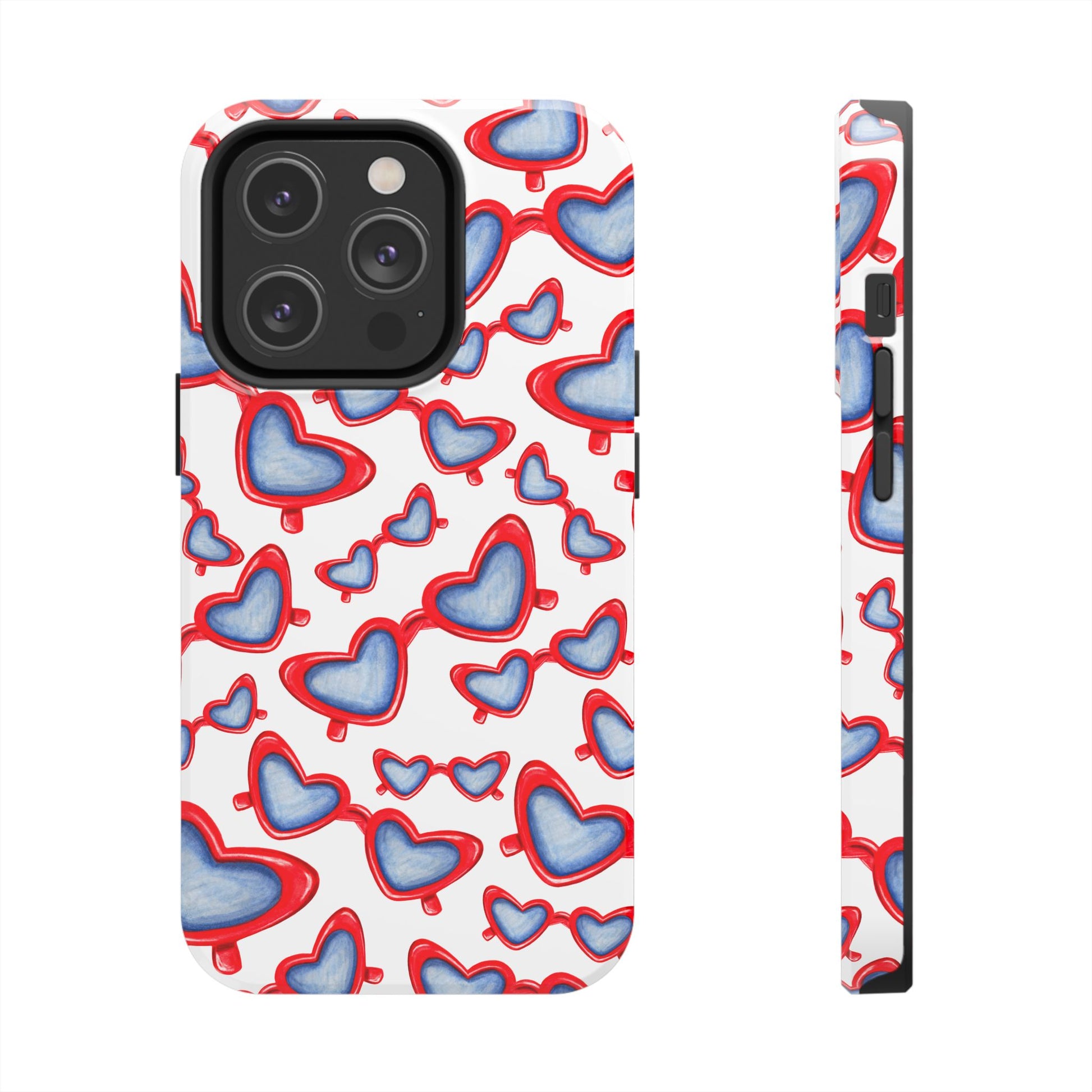 Red, White, & Blue Heart Shaped Watercolor Sunglasses Tossed Pattern Tough Phone Cases iPhone 14 Pro