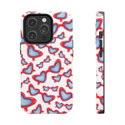 Red, White, & Blue Heart Shaped Watercolor Sunglasses Tossed Pattern Tough Phone Cases iPhone 14 Pro