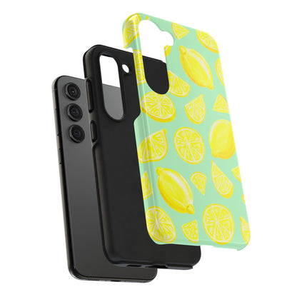 Bright Yellow Lemons Watercolor Illustrated Tossed Pattern Mint Green Tough Phone Case | Various Models
