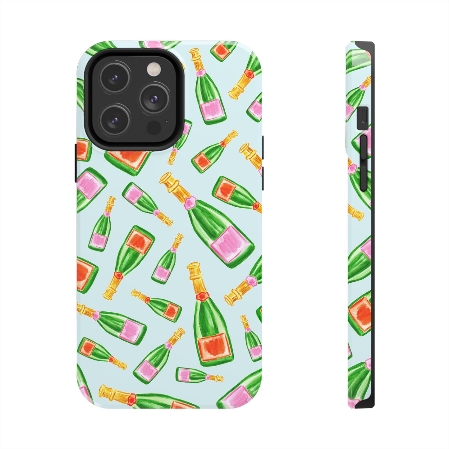 Tossed Pink and Green & Orange and Green Watercolor Illustrated Champagne Bottles Pattern Light Blue Tough Phone Case | Various Models