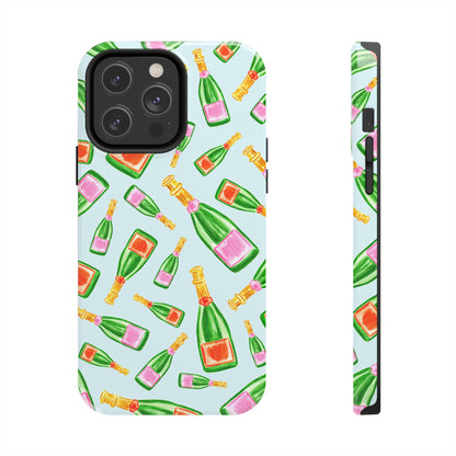 Tossed Pink and Green & Orange and Green Watercolor Illustrated Champagne Bottles Pattern Light Blue Tough Phone Case | Various Models