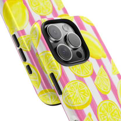Pink Lemonade Yellow Lemons with Pink & White Watercolor Stripes Tough Phone Case