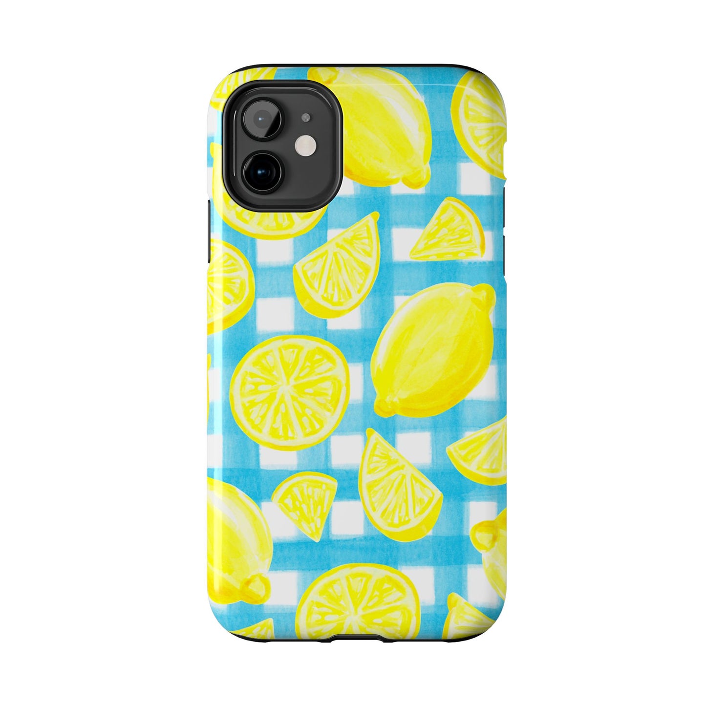 Yellow Lemons & Turquoise Gingham Watercolor Illustrated Tough Phone Case | Various Models Available