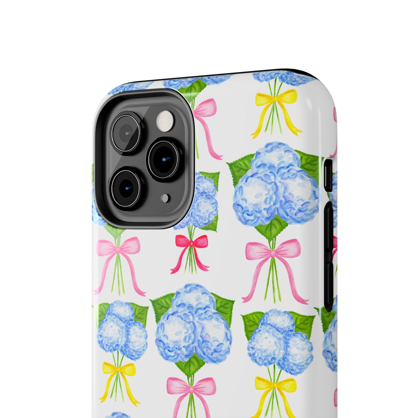 Blue Hydrangeas with Hot Pink, Yellow, Light Pink Bows Watercolor Illustrated Patterned Tough Phone Case | Various Models