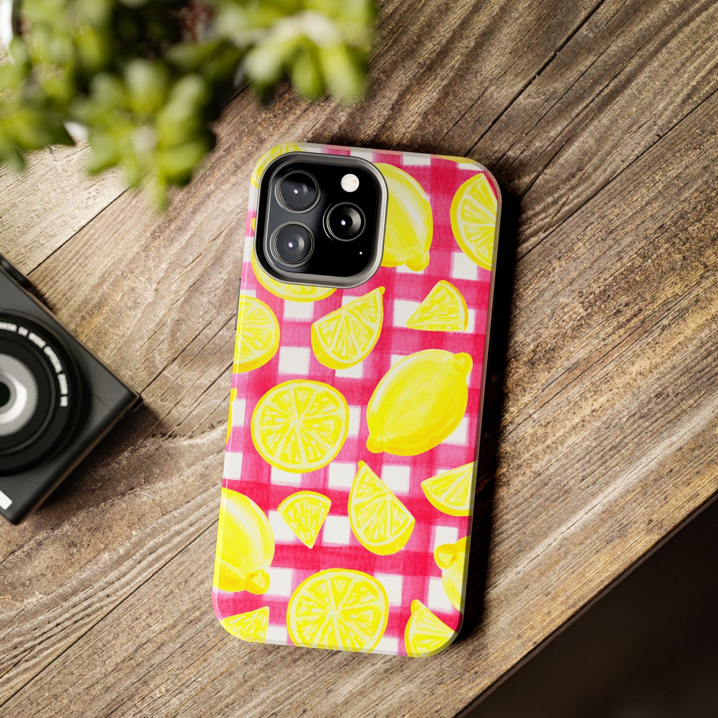 Yellow Lemons & Hot Pink Gingham Watercolor Illustrated Tough Phone Case | Various Models Available