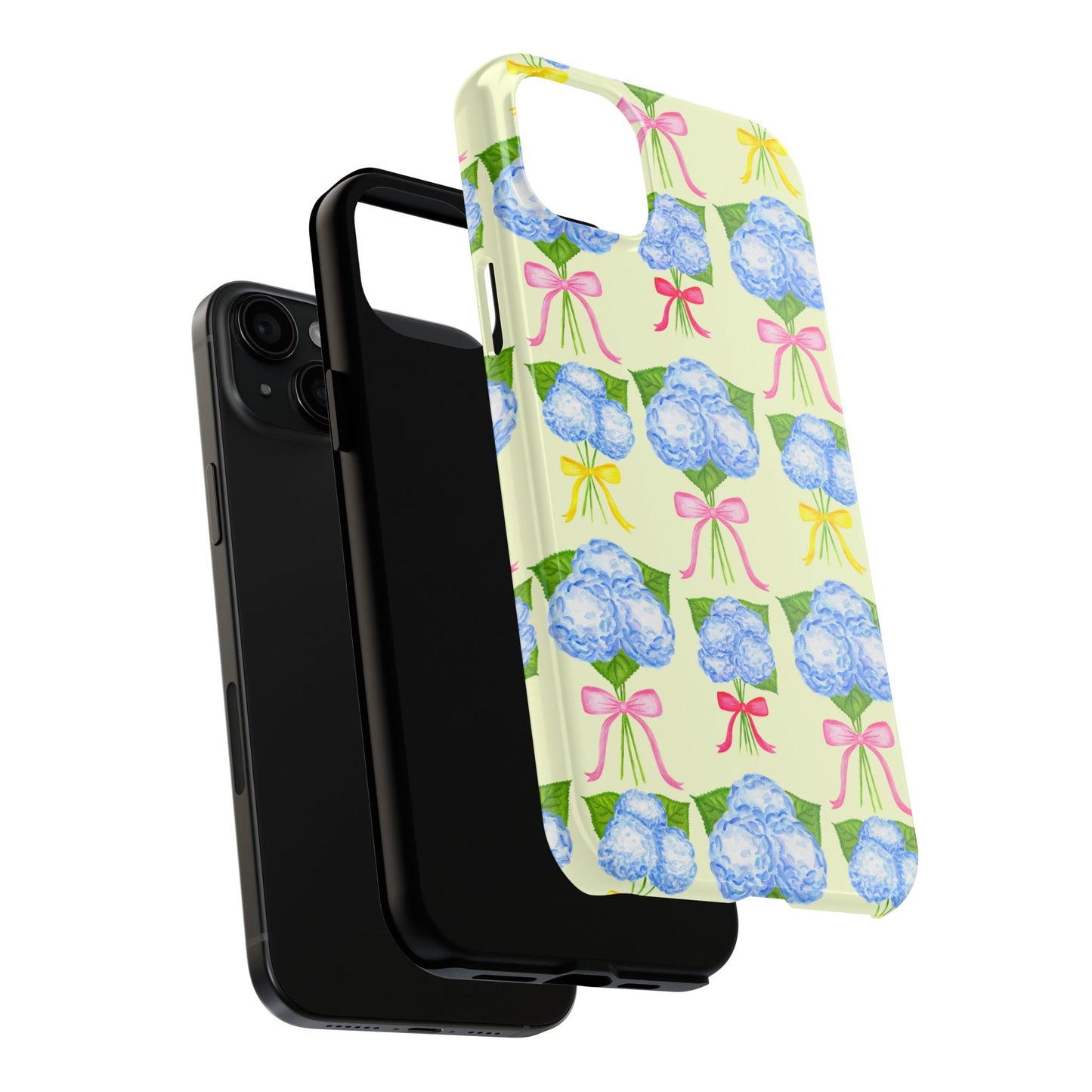 Blue Hydrangeas with Hot Pink, Yellow, Light Pink Bows Watercolor Illustrated Patterned Light Yellow Tough Phone Case | Various Models