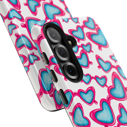 Pink & Blue Heart Shaped Sunglasses Watercolor Illustrated Tossed Pattern Tough Case | Various Models