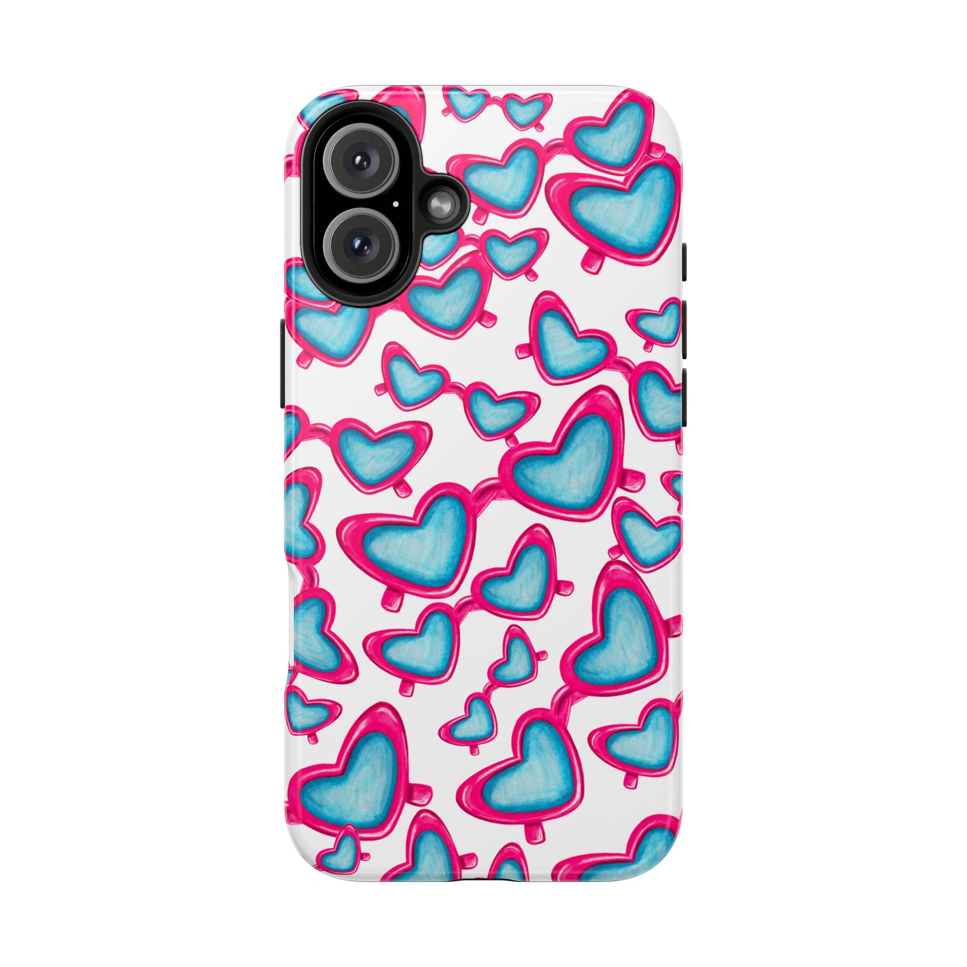 Pink & Blue Heart Shaped Sunglasses Watercolor Illustrated Tossed Pattern Tough Case | Various Models iPhone 16 Plus
