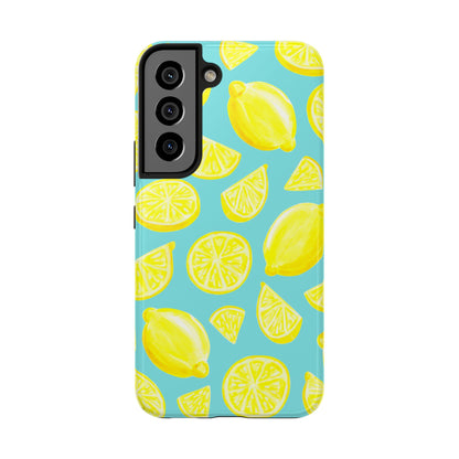 Bright Yellow Lemons Watercolor Illustrated Tossed Pattern Turquoise Blue Tough Phone Case | Various Models
