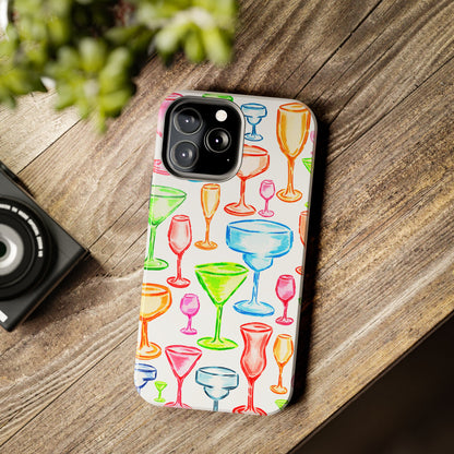 Monochromatic Margarita, Wine, Martini, and Champagne Flute Cocktail Glasses Watercolor Illustrated Tough Phone Case | Various Models Available