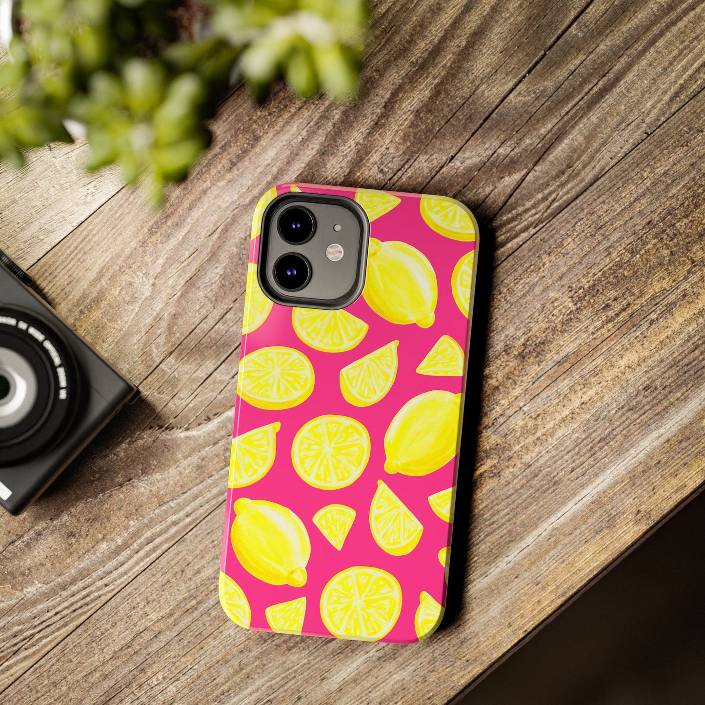 Bright Yellow Lemons Watercolor Illustrated Tossed Pattern Watermelon Pink Tough Phone Case | Various Models