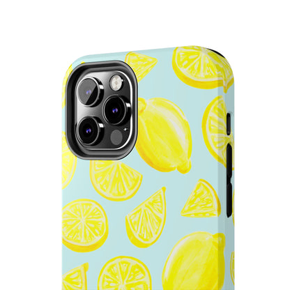 Bright Yellow Lemons Watercolor Illustrated Tossed Pattern Light Blue Tough Phone Case | Various Models