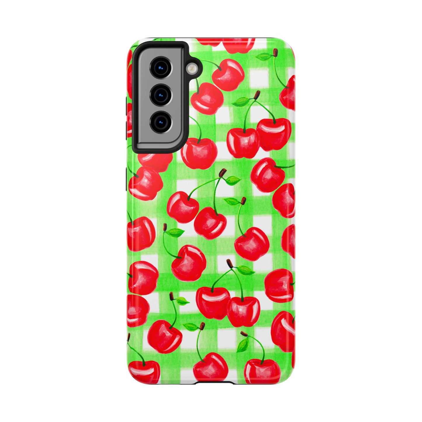 Red Tossed Cherries Green Gingham Watercolor Illustrated Tough Phone Case | Various Models Available