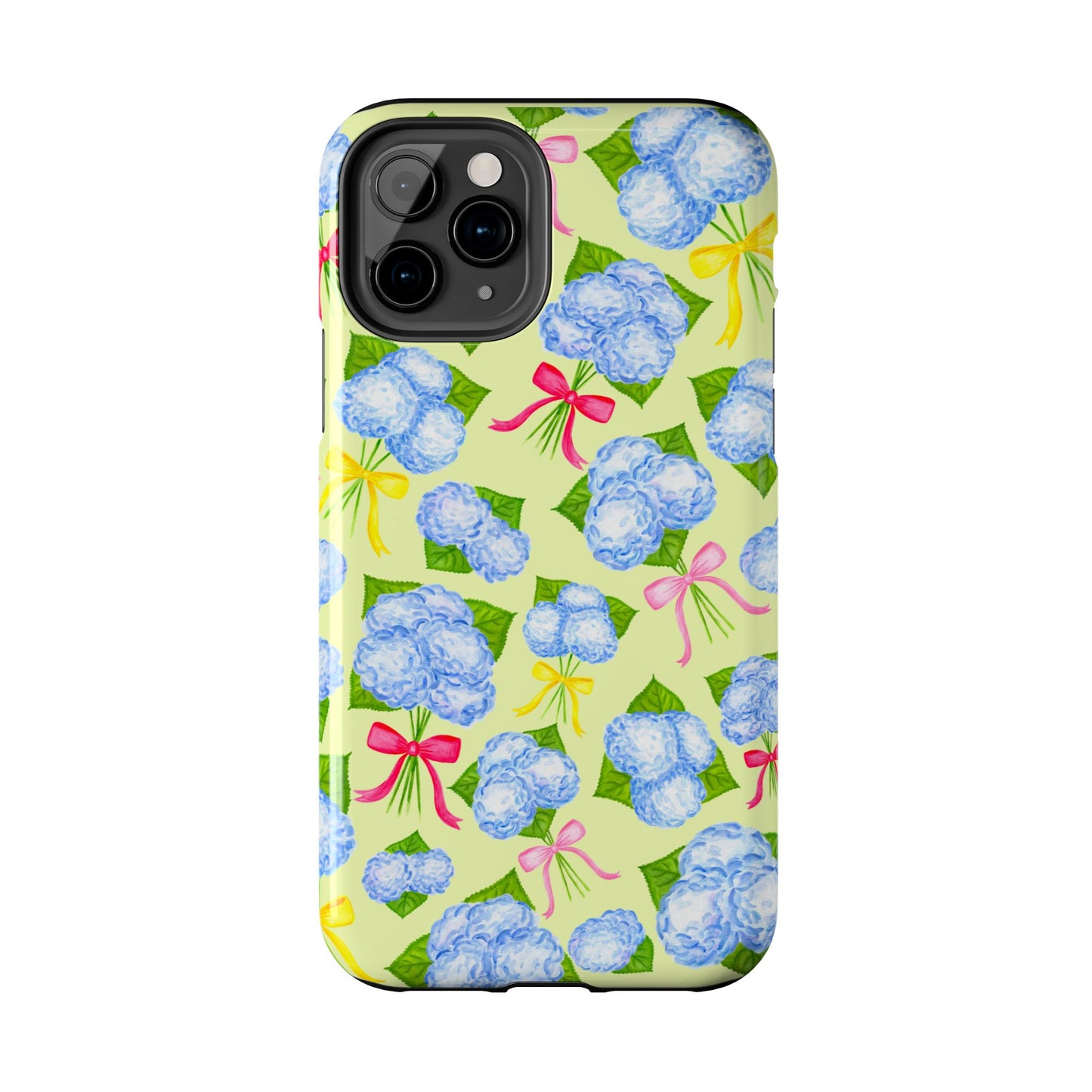 Blue Watercolor Hydrangea Bunches with Hot Pink, Yellow, Light Pink Bows Illustrated Patterned Yellow Tough Phone Case | Various Models