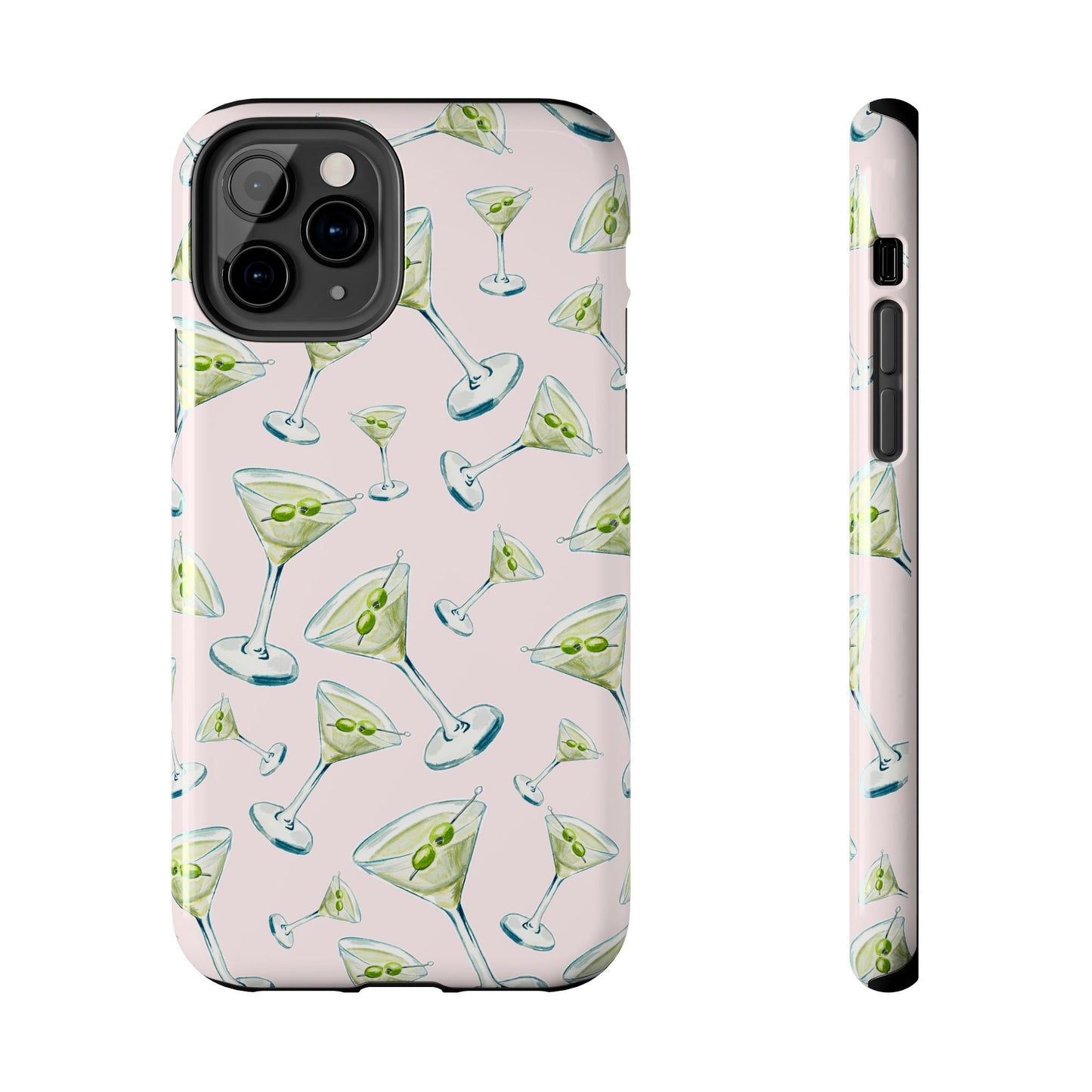 Watercolor Blue and Green Martinis Tossed Illustrated Pattern Blush Pink Tough Phone Case | Various Models