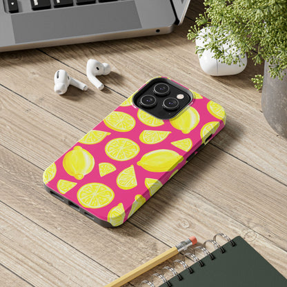 Bright Yellow Lemons Watercolor Illustrated Tossed Pattern Watermelon Pink Tough Phone Case | Various Models