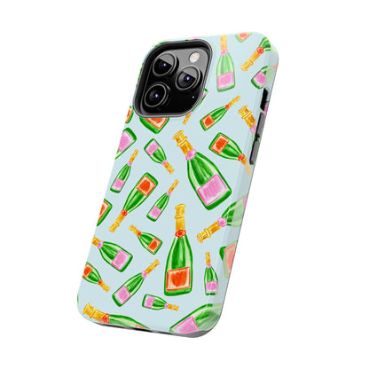 Tossed Pink and Green & Orange and Green Watercolor Illustrated Champagne Bottles Pattern Light Blue Tough Phone Case | Various Models