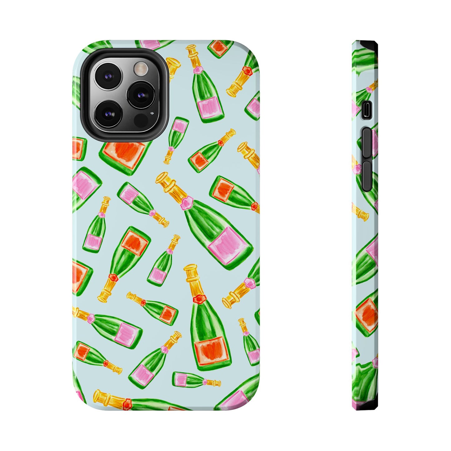 Tossed Pink and Green & Orange and Green Watercolor Illustrated Champagne Bottles Pattern Light Blue Tough Phone Case | Various Models