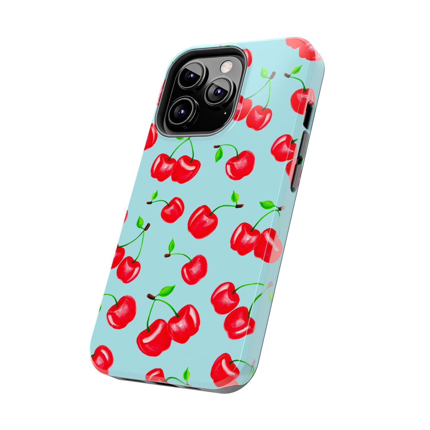 Tossed Red Watercolor Cherries Illustrated Pattern Bright Blue Tough Phone Case | Various Models
