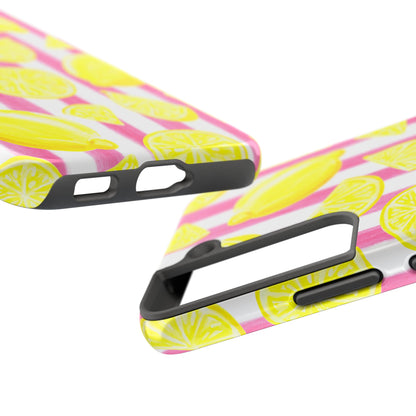 Pink Lemonade Yellow Lemons with Pink & White Watercolor Stripes Tough Phone Case