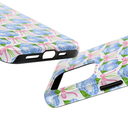 Blue Watercolor Hydrangea Bouqets with Light Pink Bows Watercolor Illustrated Patterned Tough Phone Case | Various Models