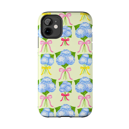 Blue Hydrangeas with Hot Pink, Yellow, Light Pink Bows Watercolor Illustrated Patterned Light Yellow Tough Phone Case | Various Models