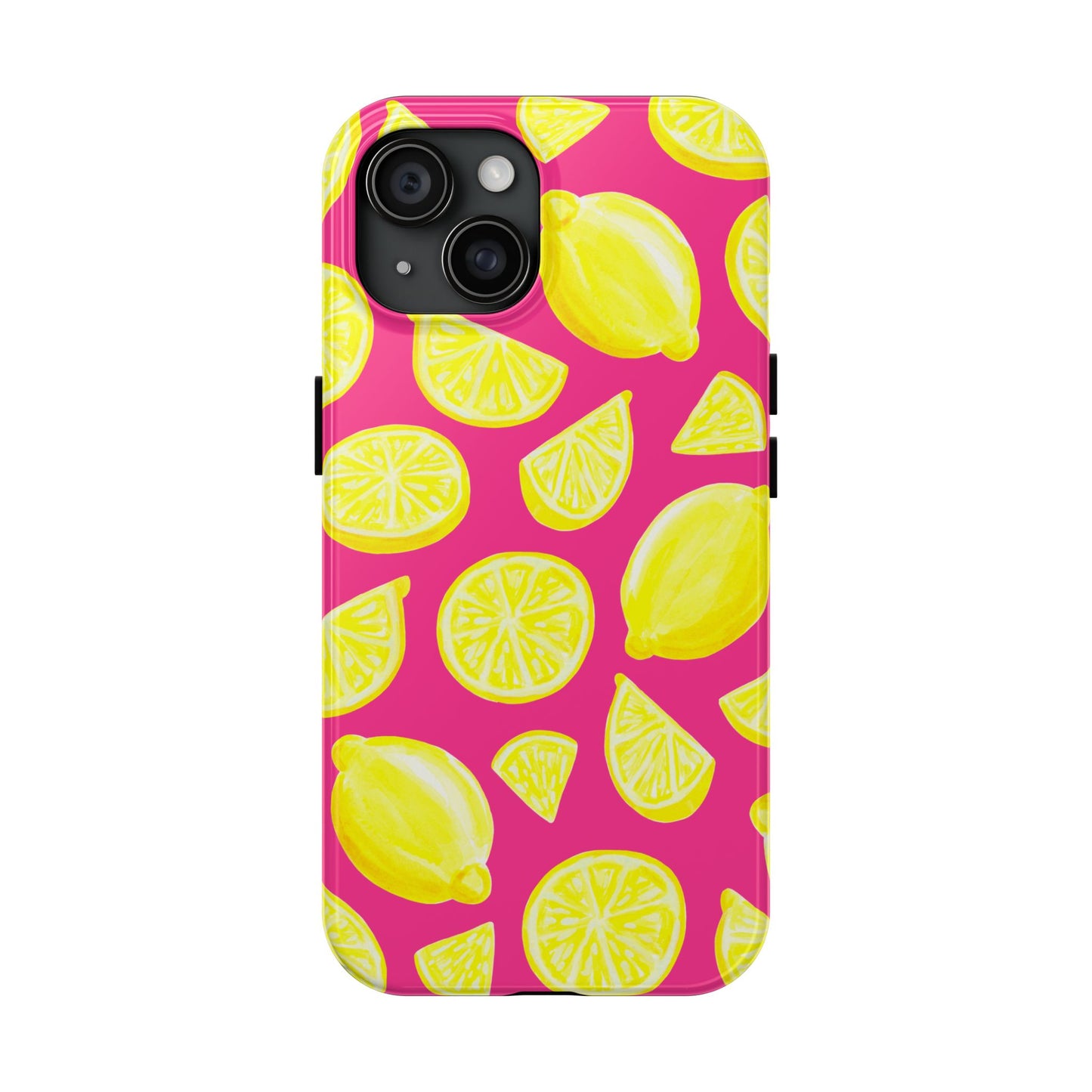Bright Yellow Lemons Watercolor Illustrated Tossed Pattern Watermelon Pink Tough Phone Case | Various Models
