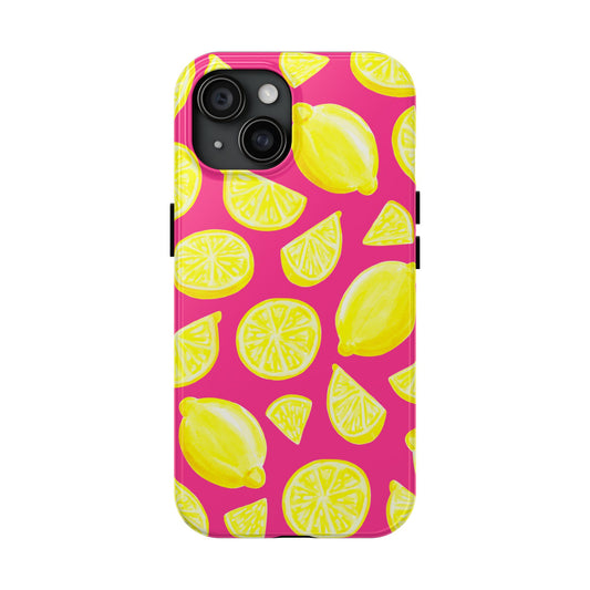 Bright Yellow Lemons Watercolor Illustrated Tossed Pattern Watermelon Pink Tough Phone Case | Various Models iPhone 15