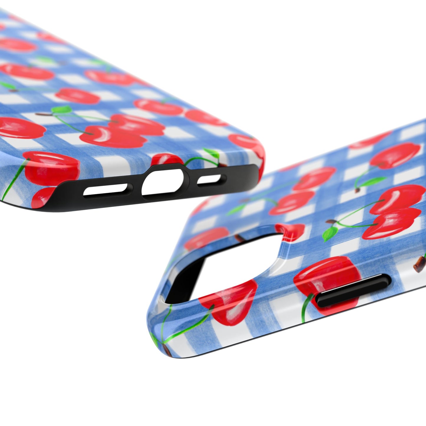 Tossed Red Watercolor Illustrated Cherries Light Blue Gingham Tough Phone Case | Various Models
