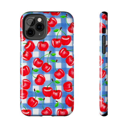 Tossed Red Cherries Blue Gingham Checkered Watercolor Illustrated Tough Phone Case | Various Models