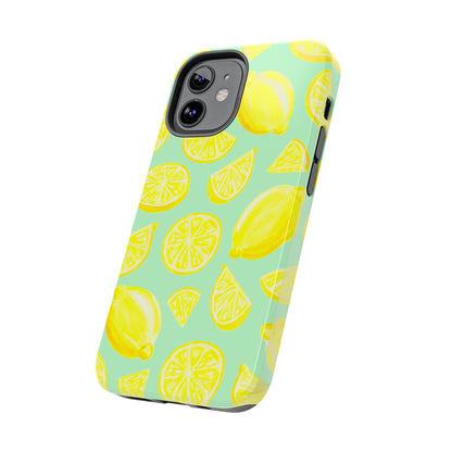 Bright Yellow Lemons Watercolor Illustrated Tossed Pattern Mint Green Tough Phone Case | Various Models