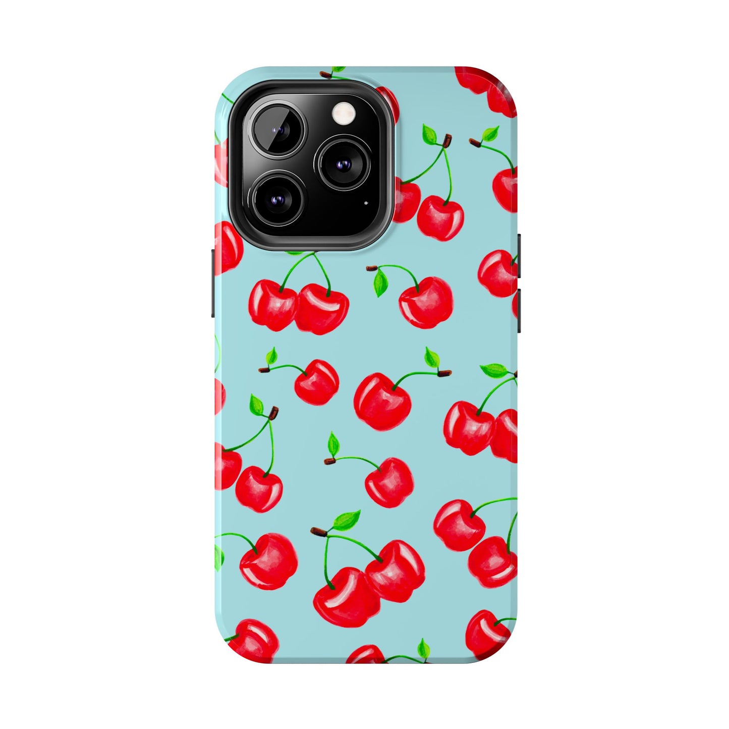 Tossed Red Watercolor Cherries Illustrated Pattern Bright Blue Tough Phone Case | Various Models