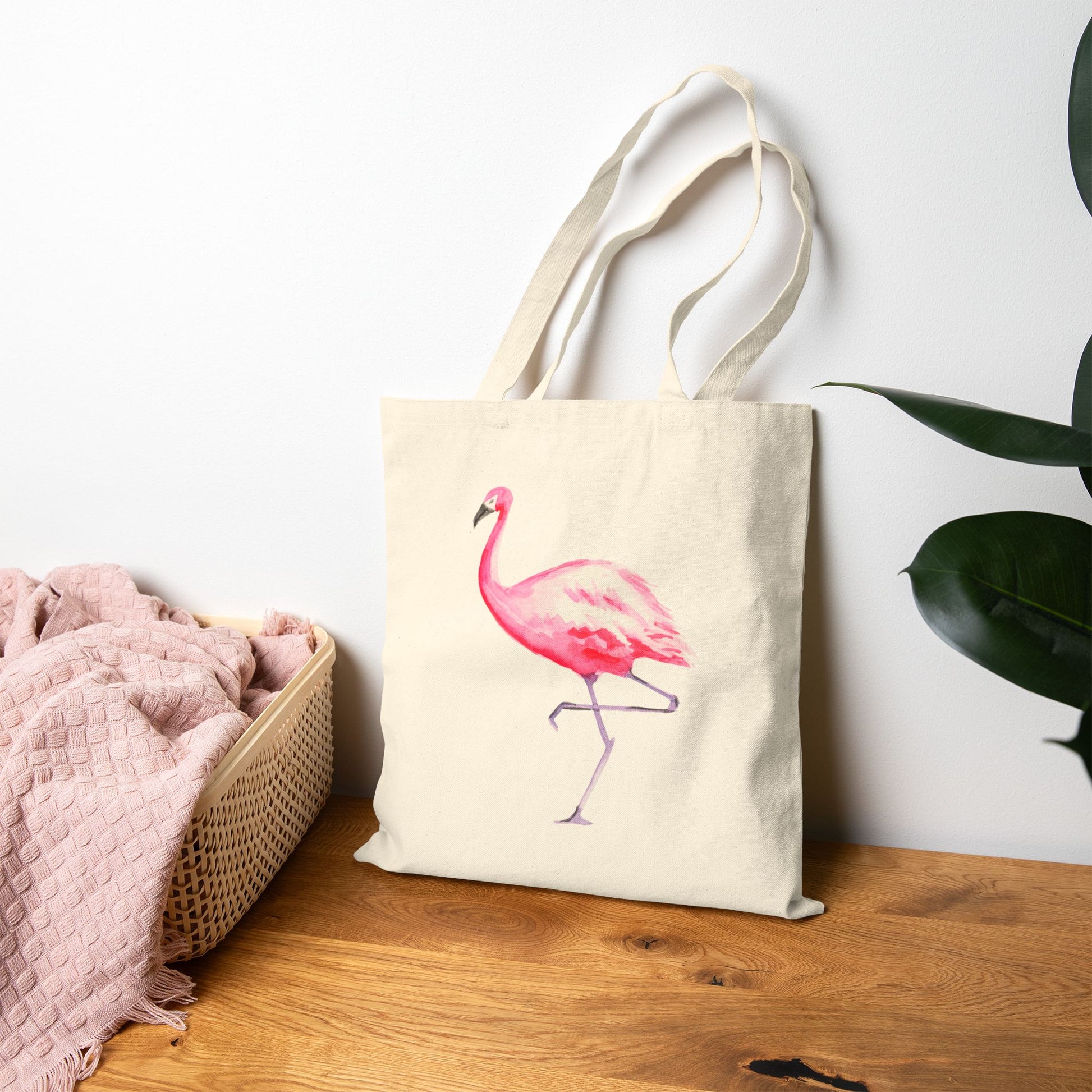 Pink Flamingo Watercolor Illustrated Canvas Tote Natural 15" x 16"