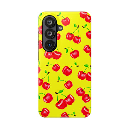 Tossed Red Watercolor Cherries Illustrated Pattern Bright Yellow Tough Phone Case | Various Models