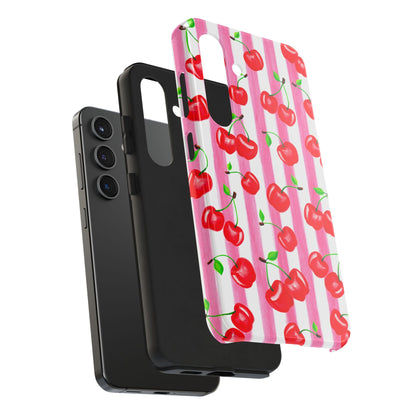 Tossed Red Watercolor Cherries Illustrated Pattern Light Pink Stripes Tough Phone Case | Various Models